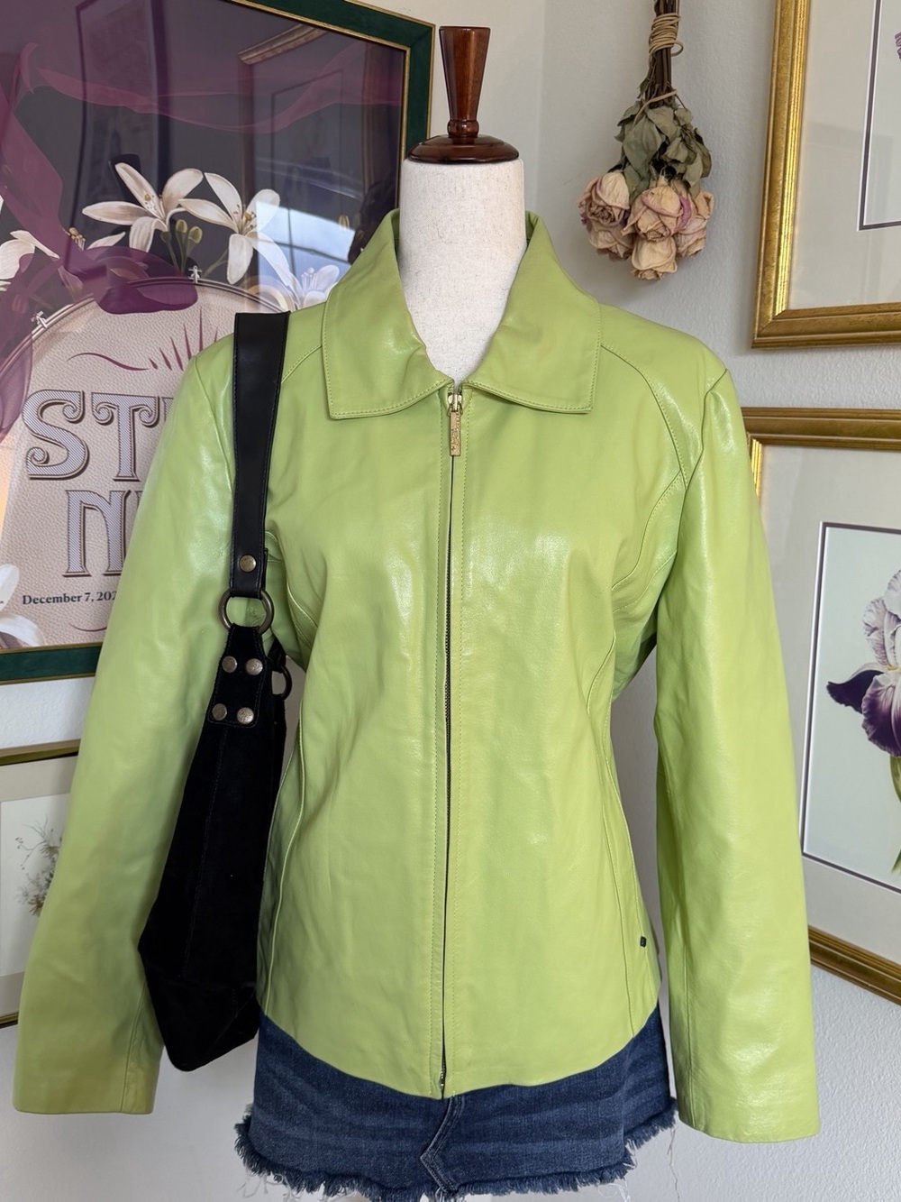 Chartreuse Genuine Leather Fitted Jacket Vintage Y2K Black Rivet Lime Green XL